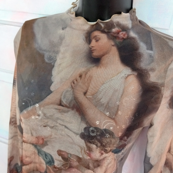 Sheer mesh Renaissance angel art lettuce edged mock-turtleneck crop top! Nwot! - Picture 5 of 10